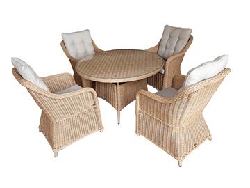 Havesæt model Sevilla. 4 stole + ø120cm bord i naturfarvet rundt polyrattan. lev fra ca 1-6-24